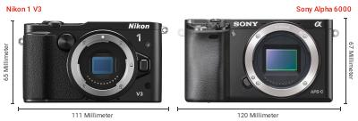 Größenvergleich: Nikon 1 V3 vs. Sony Alpha 6000 Größenvergleich: Nikon 1 V3 vs. Sony Alpha 6000