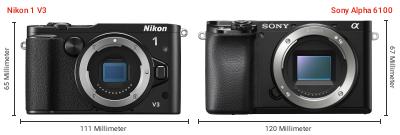 Größenvergleich: Nikon 1 V3 vs. Sony Alpha 6100 Größenvergleich: Nikon 1 V3 vs. Sony Alpha 6100