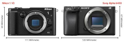 Größenvergleich: Nikon 1 V3 vs. Sony Alpha 6400 Größenvergleich: Nikon 1 V3 vs. Sony Alpha 6400