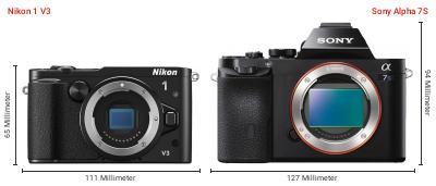 Größenvergleich: Nikon 1 V3 vs. Sony Alpha 7S Größenvergleich: Nikon 1 V3 vs. Sony Alpha 7S