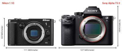 Größenvergleich: Nikon 1 V3 vs. Sony Alpha 7S II Größenvergleich: Nikon 1 V3 vs. Sony Alpha 7S II