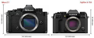 Größenvergleich: Nikon Z f vs. Fujifilm X-T50 Größenvergleich: Nikon Z f vs. Fujifilm X-T50
