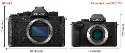 Größenvergleich: Nikon Z f vs. Panasonic Lumix DC-G100D Größenvergleich: Nikon Z f vs. Panasonic Lumix DC-G100D