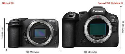 Größenvergleich: Nikon Z30 vs. Canon EOS R6 Mark III Größenvergleich: Nikon Z30 vs. Canon EOS R6 Mark III