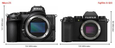 Größenvergleich: Nikon Z5 vs. Fujifilm X-S20 Größenvergleich: Nikon Z5 vs. Fujifilm X-S20