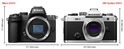 Größenvergleich: Nikon Z50 II vs. OM System OM-3 Größenvergleich: Nikon Z50 II vs. OM System OM-3
