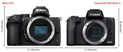 Größenvergleich: Nikon Z50 vs. Canon EOS M50 Mark II Größenvergleich: Nikon Z50 vs. Canon EOS M50 Mark II