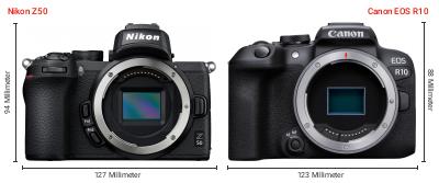 Größenvergleich: Nikon Z50 vs. Canon EOS R10 Größenvergleich: Nikon Z50 vs. Canon EOS R10