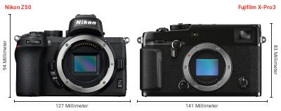 Größenvergleich: Nikon Z50 vs. Fujifilm X-Pro3 Größenvergleich: Nikon Z50 vs. Fujifilm X-Pro3