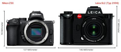Größenvergleich: Nikon Z50 vs. Leica SL2 (Typ 2998) Größenvergleich: Nikon Z50 vs. Leica SL2 (Typ 2998)