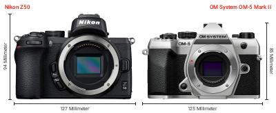 Größenvergleich: Nikon Z50 vs. OM System OM-5 Mark II Größenvergleich: Nikon Z50 vs. OM System OM-5 Mark II