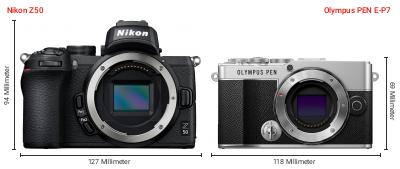 Größenvergleich: Nikon Z50 vs. OM System PEN E-P7 Größenvergleich: Nikon Z50 vs. OM System PEN E-P7