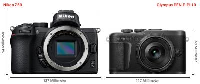 Größenvergleich: Nikon Z50 vs. OM System PEN E-PL10 Größenvergleich: Nikon Z50 vs. OM System PEN E-PL10