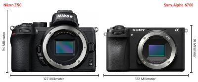 Größenvergleich: Nikon Z50 vs. Sony Alpha 6700 Größenvergleich: Nikon Z50 vs. Sony Alpha 6700
