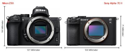 Größenvergleich: Nikon Z50 vs. Sony Alpha 7C II Größenvergleich: Nikon Z50 vs. Sony Alpha 7C II