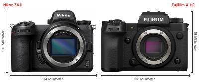 Größenvergleich: Nikon Z6 II vs. Fujifilm X-H2 Größenvergleich: Nikon Z6 II vs. Fujifilm X-H2