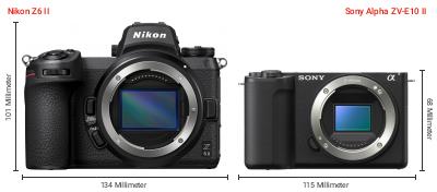 Größenvergleich: Nikon Z6 II vs. Sony Alpha ZV-E10 II Größenvergleich: Nikon Z6 II vs. Sony Alpha ZV-E10 II