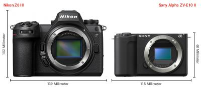 Größenvergleich: Nikon Z6 III vs. Sony Alpha ZV-E10 II Größenvergleich: Nikon Z6 III vs. Sony Alpha ZV-E10 II