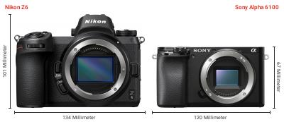 Größenvergleich: Nikon Z6 vs. Sony Alpha 6100 Größenvergleich: Nikon Z6 vs. Sony Alpha 6100