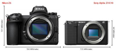Größenvergleich: Nikon Z6 vs. Sony Alpha ZV-E10 Größenvergleich: Nikon Z6 vs. Sony Alpha ZV-E10