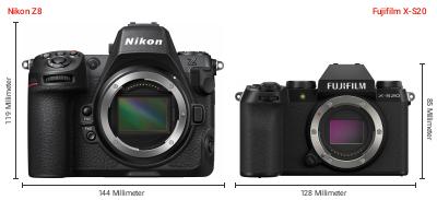 Größenvergleich: Nikon Z8 vs. Fujifilm X-S20 Größenvergleich: Nikon Z8 vs. Fujifilm X-S20