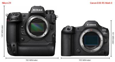 Größenvergleich: Nikon Z9 vs. Canon EOS R5 Mark II Größenvergleich: Nikon Z9 vs. Canon EOS R5 Mark II
