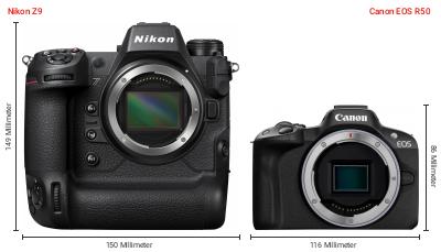 Größenvergleich: Nikon Z9 vs. Canon EOS R50 Größenvergleich: Nikon Z9 vs. Canon EOS R50