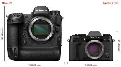 Größenvergleich: Nikon Z9 vs. Fujifilm X-T50 Größenvergleich: Nikon Z9 vs. Fujifilm X-T50