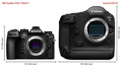 Größenvergleich: OM System OM-1 Mark II vs. Canon EOS R1 Größenvergleich: OM System OM-1 Mark II vs. Canon EOS R1