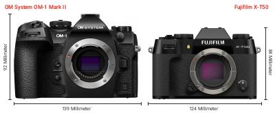 Größenvergleich: OM System OM-1 Mark II vs. Fujifilm X-T50 Größenvergleich: OM System OM-1 Mark II vs. Fujifilm X-T50