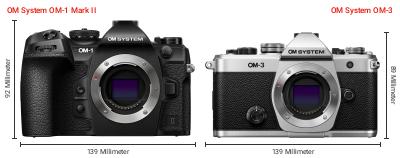 Größenvergleich: OM System OM-1 Mark II vs. OM System OM-3 Größenvergleich: OM System OM-1 Mark II vs. OM System OM-3