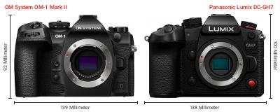 Größenvergleich: OM System OM-1 Mark II vs. Panasonic Lumix DC-GH7 Größenvergleich: OM System OM-1 Mark II vs. Panasonic Lumix DC-GH7