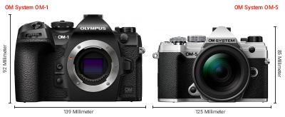 Größenvergleich: OM System OM-1 vs. OM System OM-5 Größenvergleich: OM System OM-1 vs. OM System OM-5