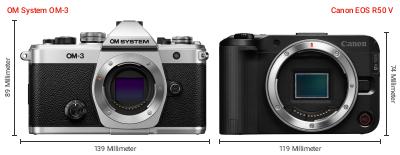Größenvergleich: OM System OM-3 vs. Canon EOS R50 V Größenvergleich: OM System OM-3 vs. Canon EOS R50 V