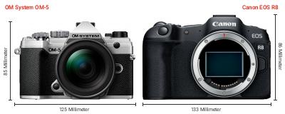 Größenvergleich: OM System OM-5 vs. Canon EOS R8 Größenvergleich: OM System OM-5 vs. Canon EOS R8