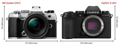 Größenvergleich: OM System OM-5 vs. Fujifilm X-S20 Größenvergleich: OM System OM-5 vs. Fujifilm X-S20