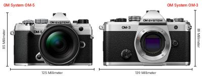 Größenvergleich: OM System OM-5 vs. OM System OM-3 Größenvergleich: OM System OM-5 vs. OM System OM-3