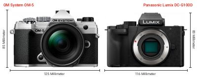 Größenvergleich: OM System OM-5 vs. Panasonic Lumix DC-G100D Größenvergleich: OM System OM-5 vs. Panasonic Lumix DC-G100D
