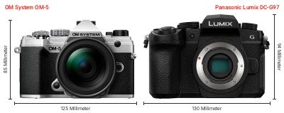 Größenvergleich: OM System OM-5 vs. Panasonic Lumix DC-G97 Größenvergleich: OM System OM-5 vs. Panasonic Lumix DC-G97