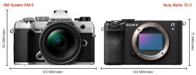 Größenvergleich: OM System OM-5 vs. Sony Alpha 7C II Größenvergleich: OM System OM-5 vs. Sony Alpha 7C II