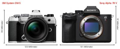 Größenvergleich: OM System OM-5 vs. Sony Alpha 7R V Größenvergleich: OM System OM-5 vs. Sony Alpha 7R V