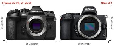 Größenvergleich: OM System OM-D E-M1 Mark II vs. Nikon Z50 Größenvergleich: OM System OM-D E-M1 Mark II vs. Nikon Z50
