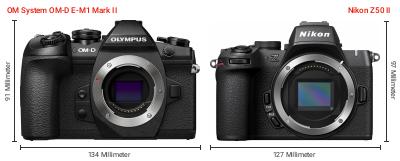 Größenvergleich: OM System OM-D E-M1 Mark II vs. Nikon Z50 II Größenvergleich: OM System OM-D E-M1 Mark II vs. Nikon Z50 II