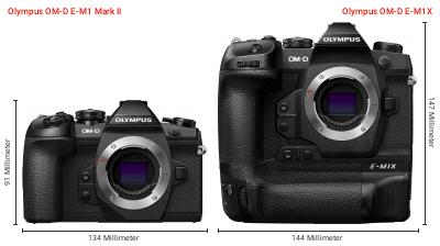 Größenvergleich: OM System OM-D E-M1 Mark II vs. OM System OM-D E-M1X Größenvergleich: OM System OM-D E-M1 Mark II vs. OM System OM-D E-M1X