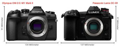 Größenvergleich: OM System OM-D E-M1 Mark II vs. Panasonic Lumix DC-G9 Größenvergleich: OM System OM-D E-M1 Mark II vs. Panasonic Lumix DC-G9