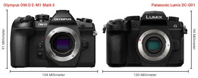 Größenvergleich: OM System OM-D E-M1 Mark II vs. Panasonic Lumix DC-G91 Größenvergleich: OM System OM-D E-M1 Mark II vs. Panasonic Lumix DC-G91
