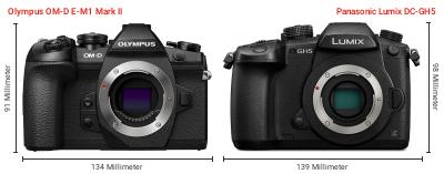 Größenvergleich: OM System OM-D E-M1 Mark II vs. Panasonic Lumix DC-GH5 Größenvergleich: OM System OM-D E-M1 Mark II vs. Panasonic Lumix DC-GH5