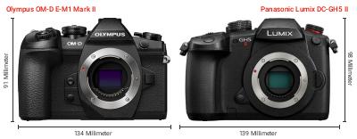 Größenvergleich: OM System OM-D E-M1 Mark II vs. Panasonic Lumix DC-GH5 II Größenvergleich: OM System OM-D E-M1 Mark II vs. Panasonic Lumix DC-GH5 II