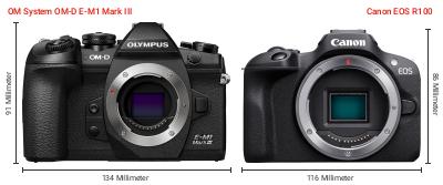 Größenvergleich: OM System OM-D E-M1 Mark III vs. Canon EOS R100 Größenvergleich: OM System OM-D E-M1 Mark III vs. Canon EOS R100