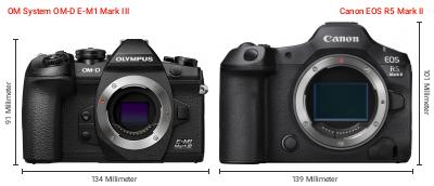 Größenvergleich: OM System OM-D E-M1 Mark III vs. Canon EOS R5 Mark II Größenvergleich: OM System OM-D E-M1 Mark III vs. Canon EOS R5 Mark II